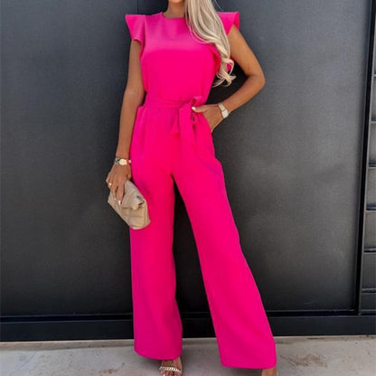 Women's Sleeveless Ruffled Jumpsuit with Belt and Pockets (photo 8)