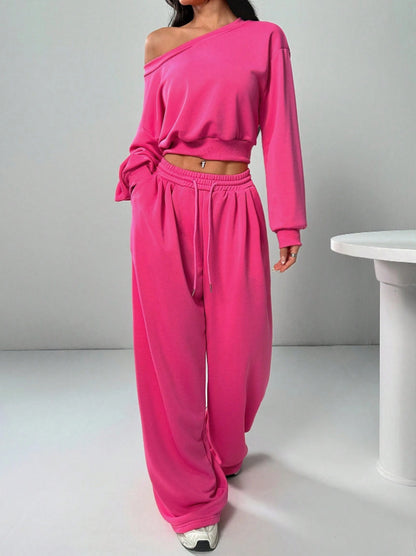 Women's One-Shoulder Sweatshirt and Tie-Waist Trousers Set (photo 21)