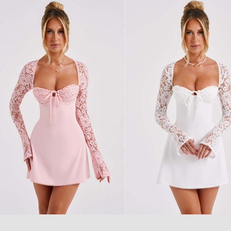 Women's Lace Long-Sleeve Lace-Up Back Mini Dress (photo 11)
