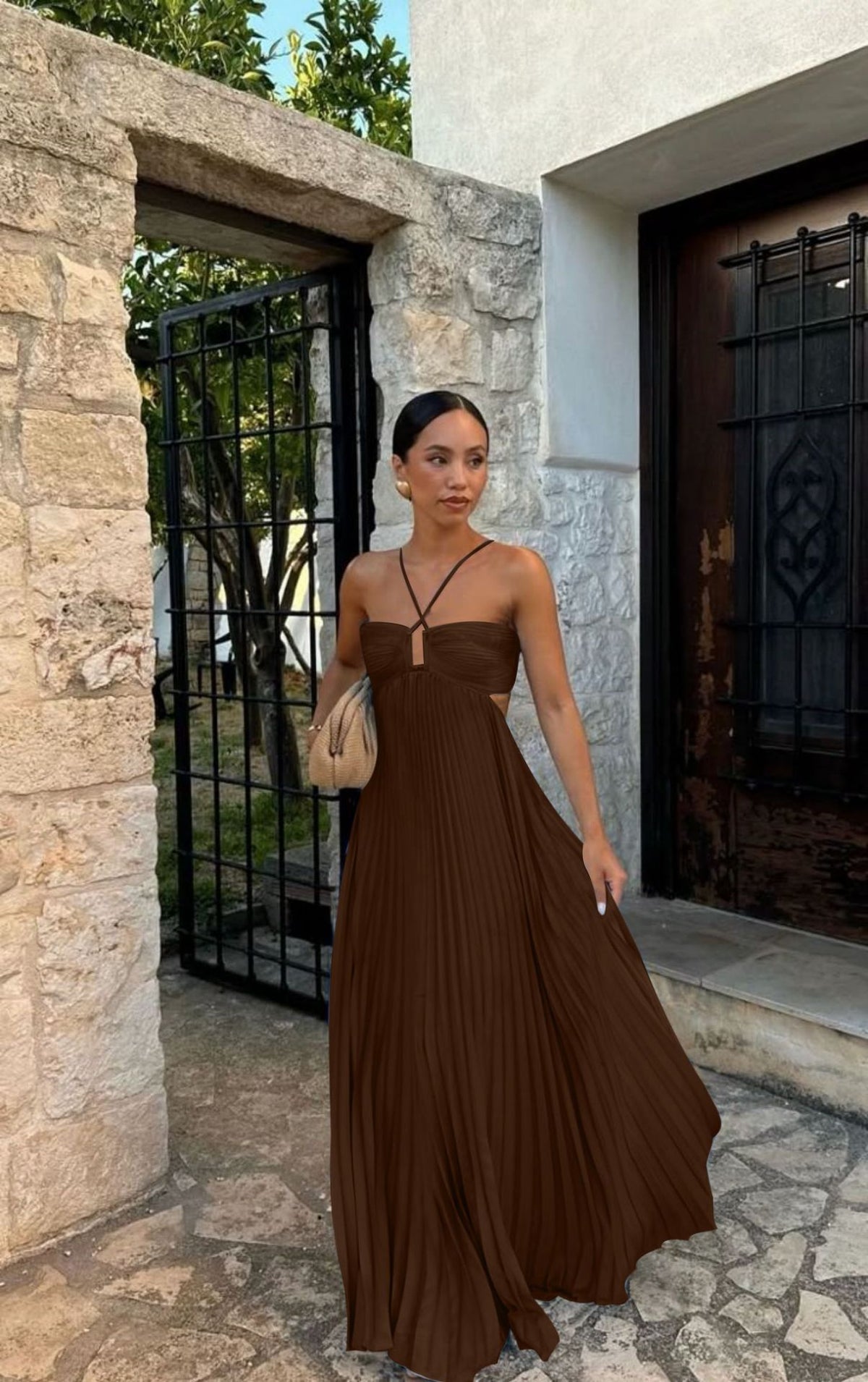 Women's Pleated Halter Maxi Dress with Cut-Out Detail (photo 7)