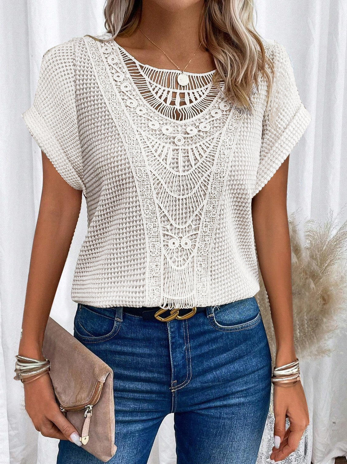 Women's Cut-Out Short-Sleeve Ethnic Style T-Shirt (photo 6)