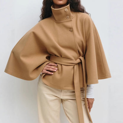 Women's High-Neck Batwing-Sleeve Belted Coat