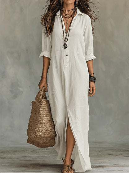 Women's Lapel-Collar Shirt Dress with Side Slit (photo 6)