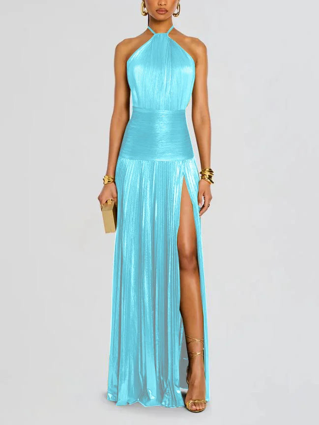 Women's Pleated Halter-Neck Maxi Dress with Slit (photo 5)