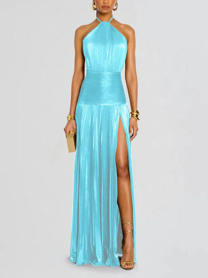 Women's Pleated Halter-Neck Maxi Dress with Slit (photo 5)