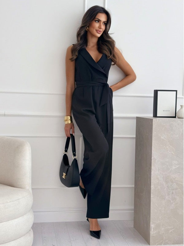 Women's V-Neck Sleeveless Jumpsuit with Belt (photo 7)