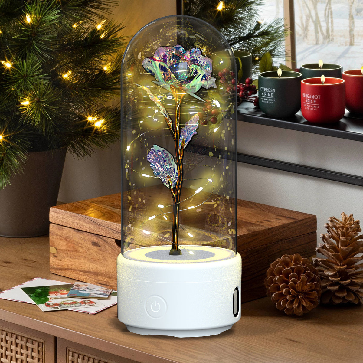 Preserved Rose LED Light and Bluetooth Speaker in Glass Dome (photo 10)