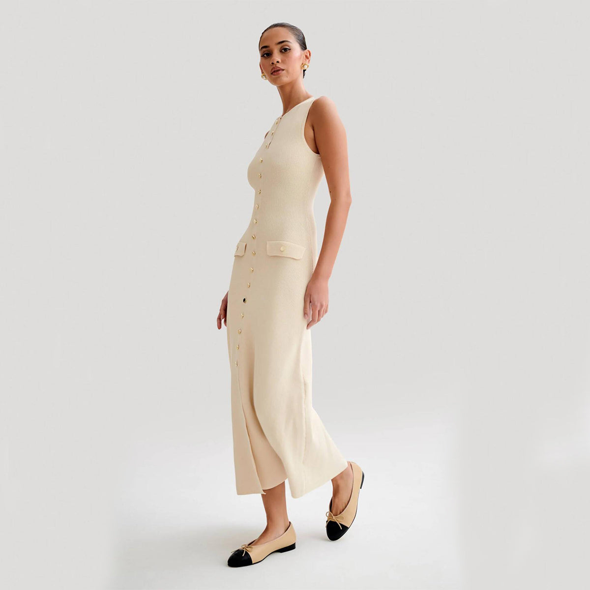 Women's Sleeveless Knit Button-Front Long Dress (photo 4)