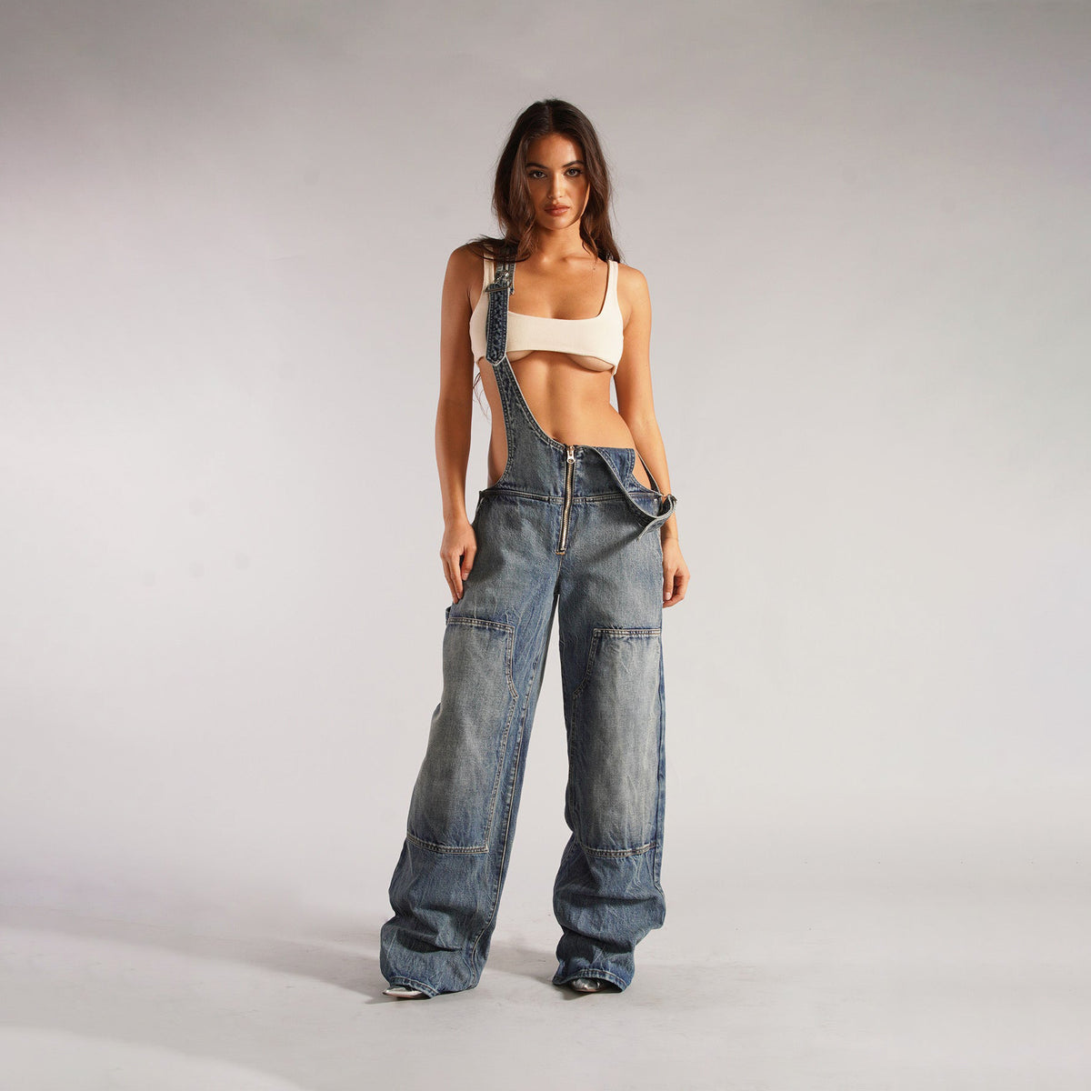 Women's Zip Denim Overalls with Pockets (photo 13)