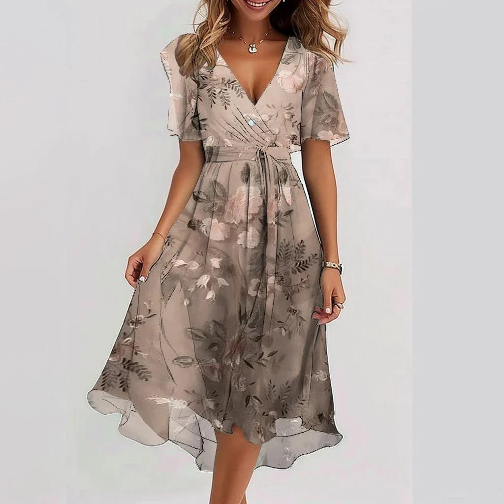 Women's Printed Chiffon V-Neck Short-Sleeve Dress (photo 5)