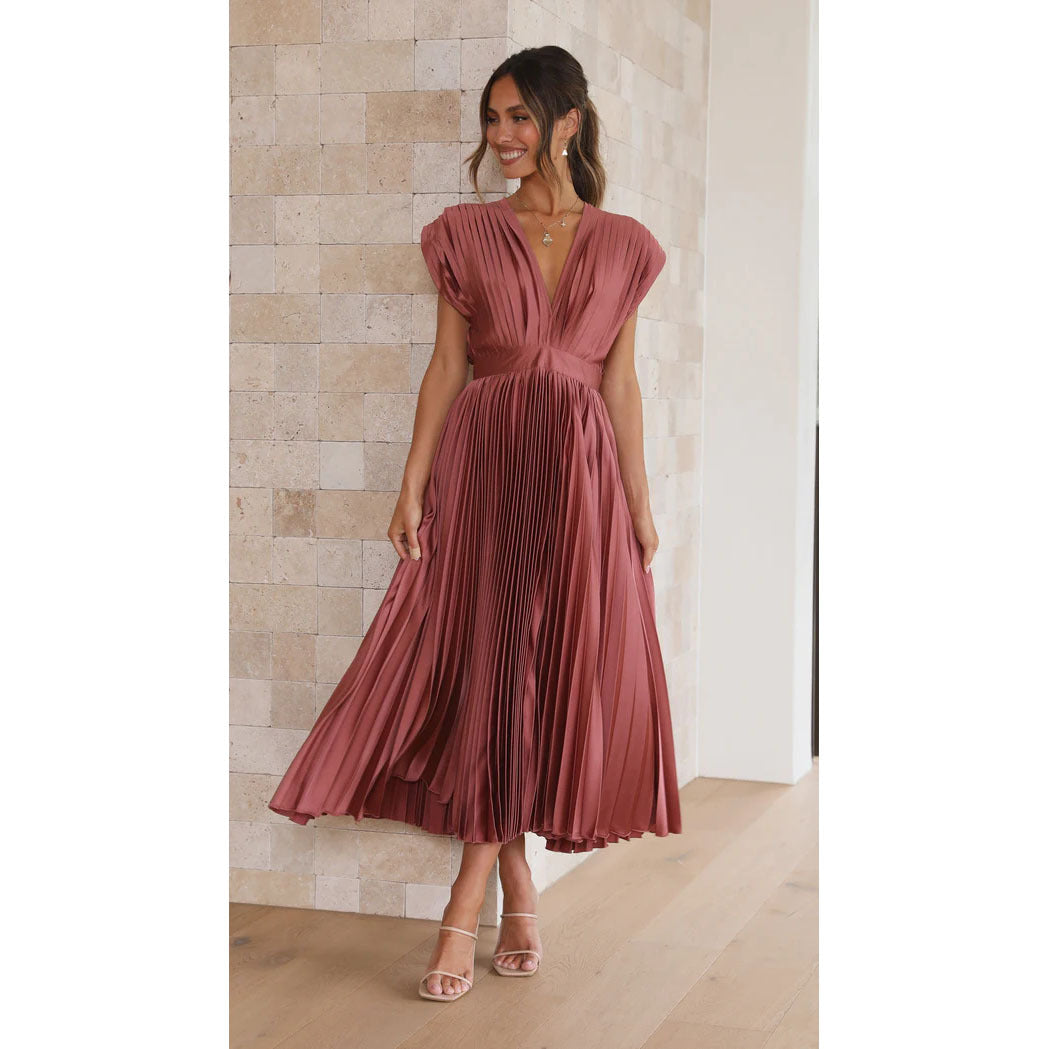 Women's V-Neck Pleated Sleeveless Dress with Zipper (photo 7)