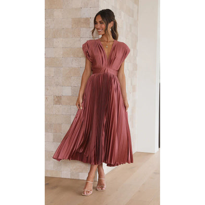 Women's V-Neck Pleated Sleeveless Dress with Zipper (photo 7)