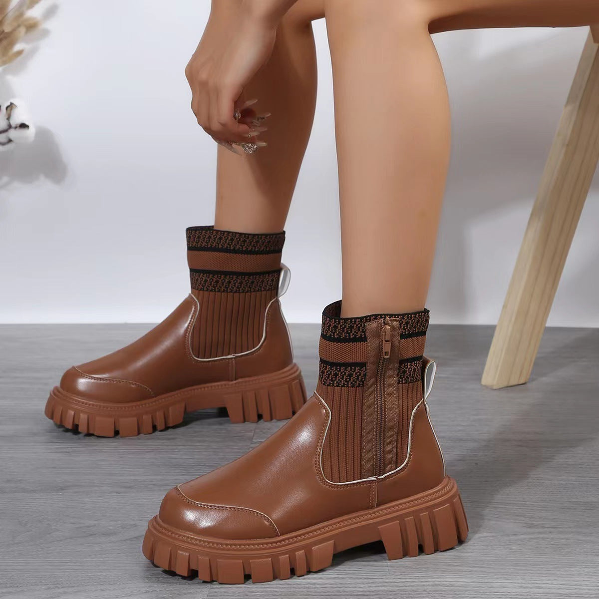 Women's Knit Patchwork Side-Zip Mid-Calf Boots (photo 2)