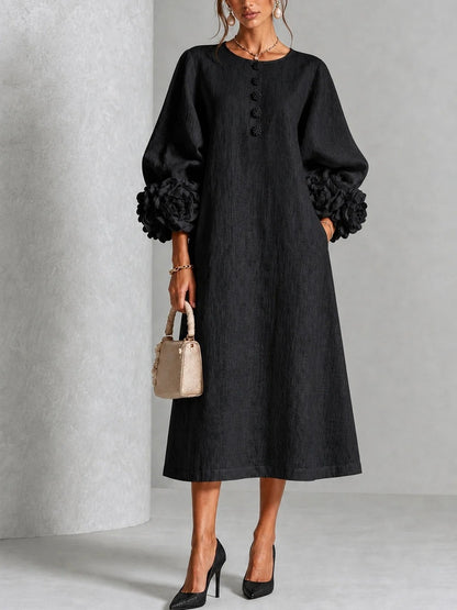 Women's A-Line Midi Dress with 3D Floral Details and Puff Sleeves (photo 8)