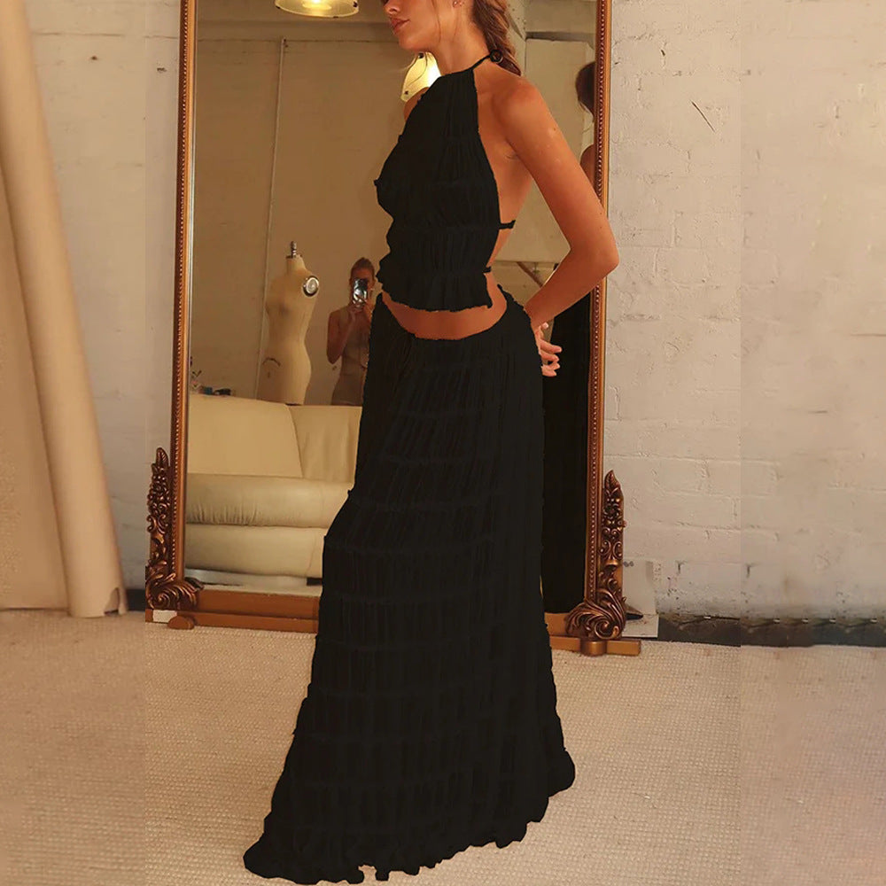 Women's Halter Crop Top and Pleated Maxi Skirt Set (photo 9)