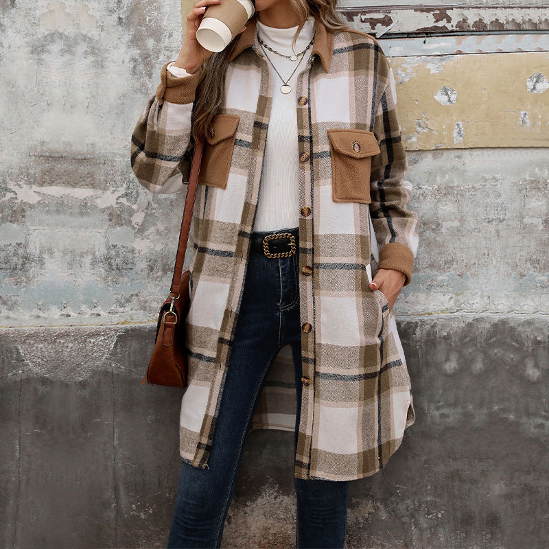 Women's Brushed Plaid Long Coat with Pockets (photo 5)