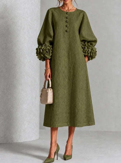 Women's A-Line Midi Dress with 3D Floral Details and Puff Sleeves (photo 9)