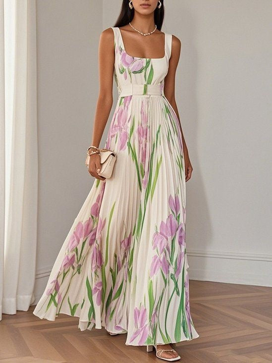 Women's Floral Pleated Sleeveless A-Line Midi Dress (photo 6)