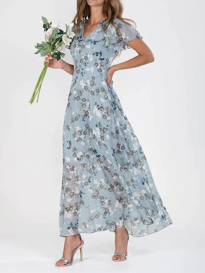 Women's Floral V-Neck Ruffle A-Line Dress (photo 8)