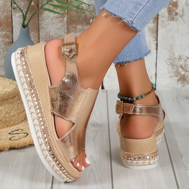 Women's Metallic Peep-Toe Buckle Wedge Sandals (photo 4)