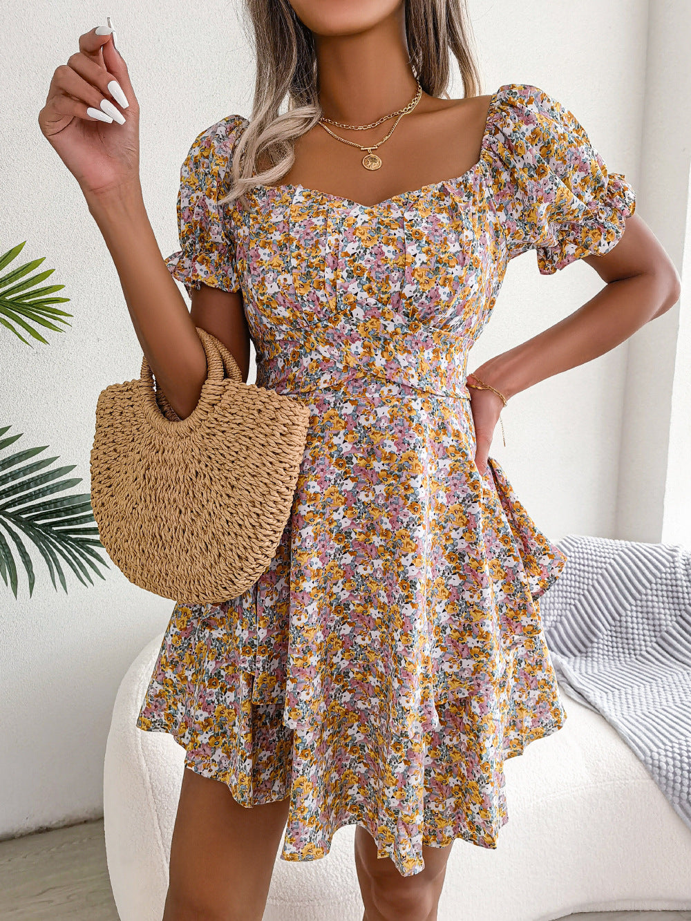 Women's Floral Short-Sleeve Ruffle Mini Dress (photo 5)