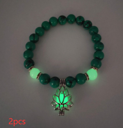 Glow-in-the-Dark Lotus Charm Beaded Bracelet – F, 2-Pack