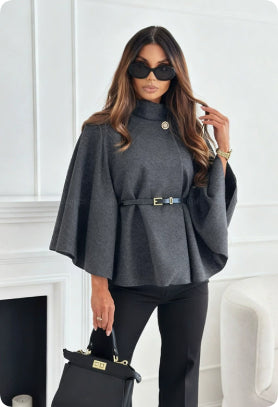 Women's Stand-Collar Batwing Cape Jacket with Belt (photo 25)