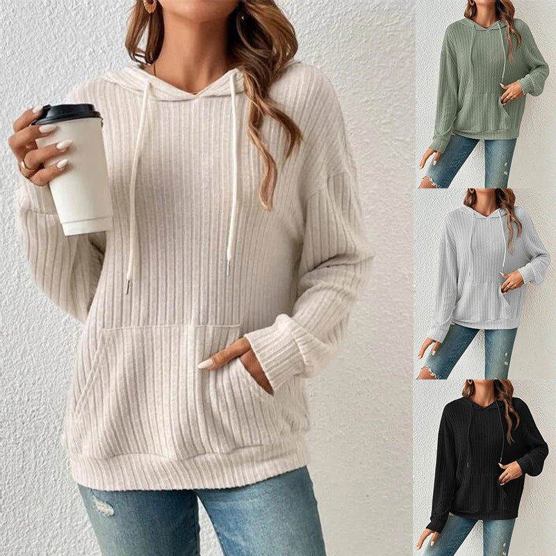 Women's Drawstring Hooded Knit Sweatshirt with Pockets
