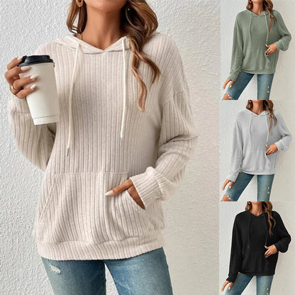 Women's Drawstring Hooded Knit Sweatshirt with Pockets