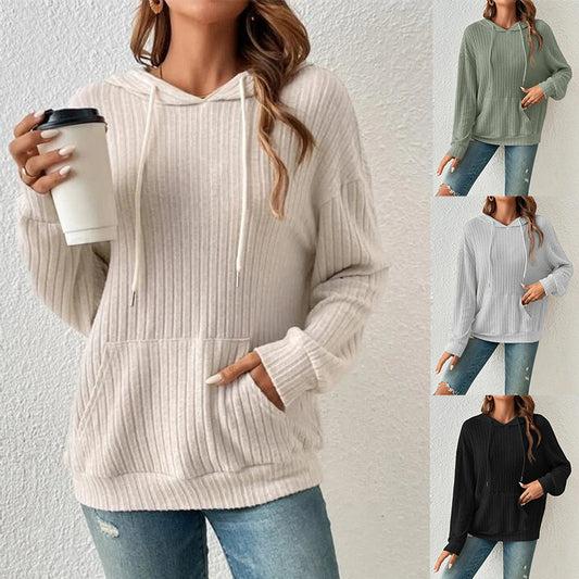 Women's Drawstring Hooded Knit Sweatshirt with Pockets