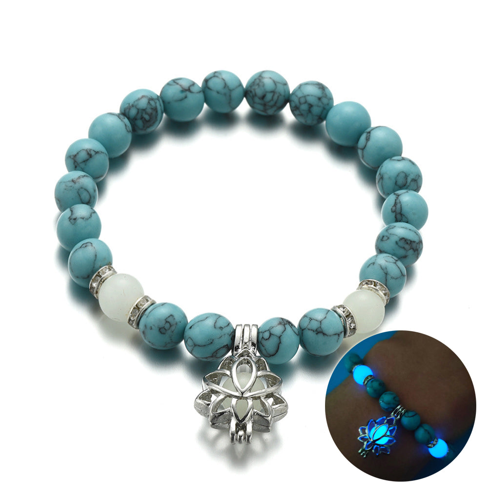 Glow-in-the-Dark Lotus Charm Beaded Bracelet