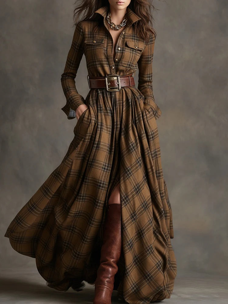 Women's Plaid Long-Sleeve Shirt Dress with Pockets (photo 9)