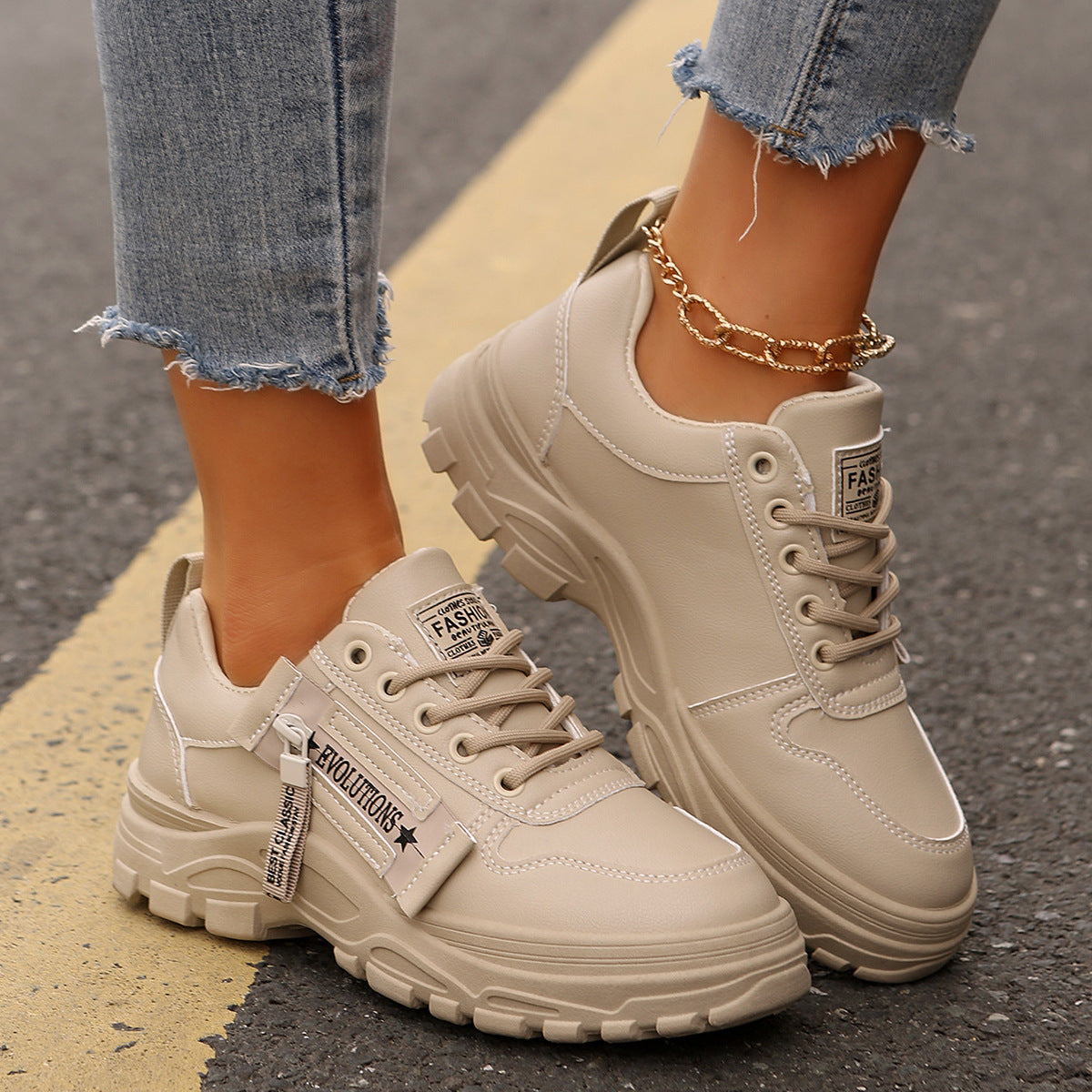 Women's Chunky Sole Lace-Up Sneakers with Side Zipper
