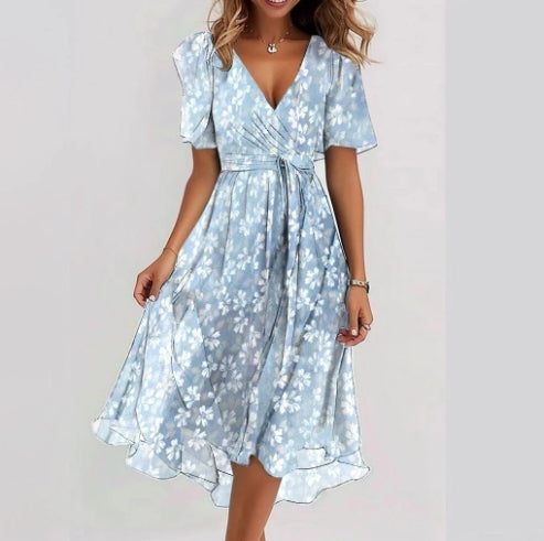 Women's Printed Chiffon V-Neck Short-Sleeve Dress (photo 9)