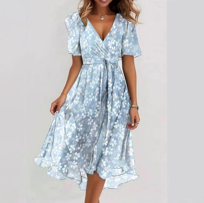 Women's Printed Chiffon V-Neck Short-Sleeve Dress (photo 9)