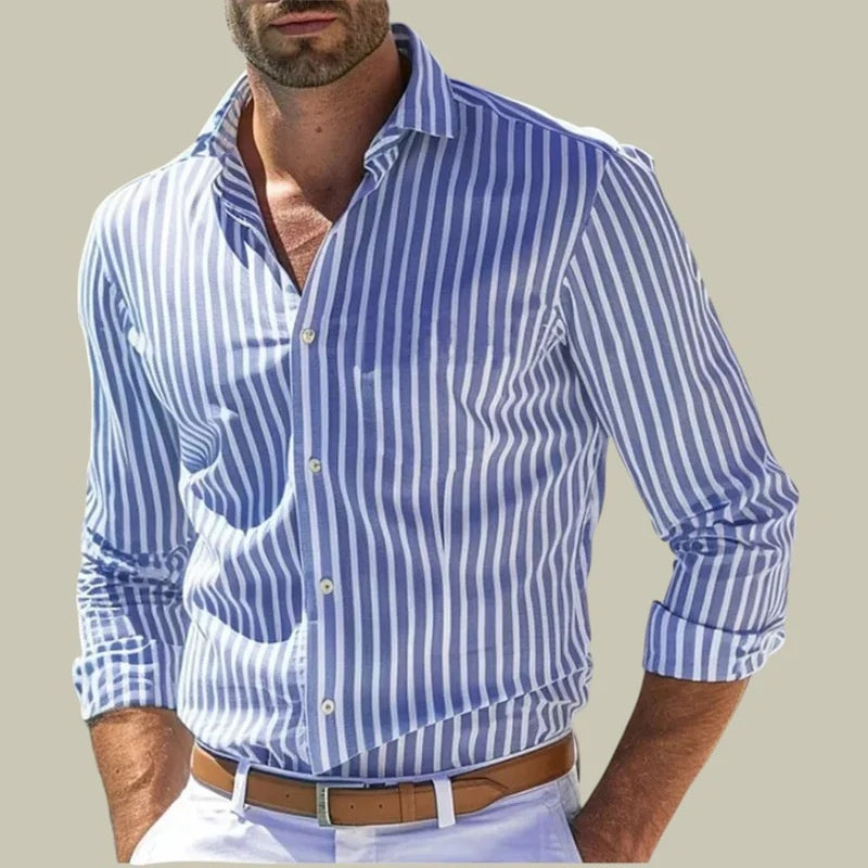 Men's Striped Long-Sleeve Lapel Button Shirt (photo 18)