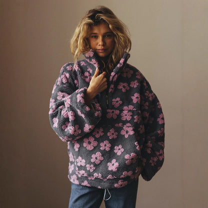 Women's Floral Fleece Zip Lapel Pullover with Big Pocket (photo 2)
