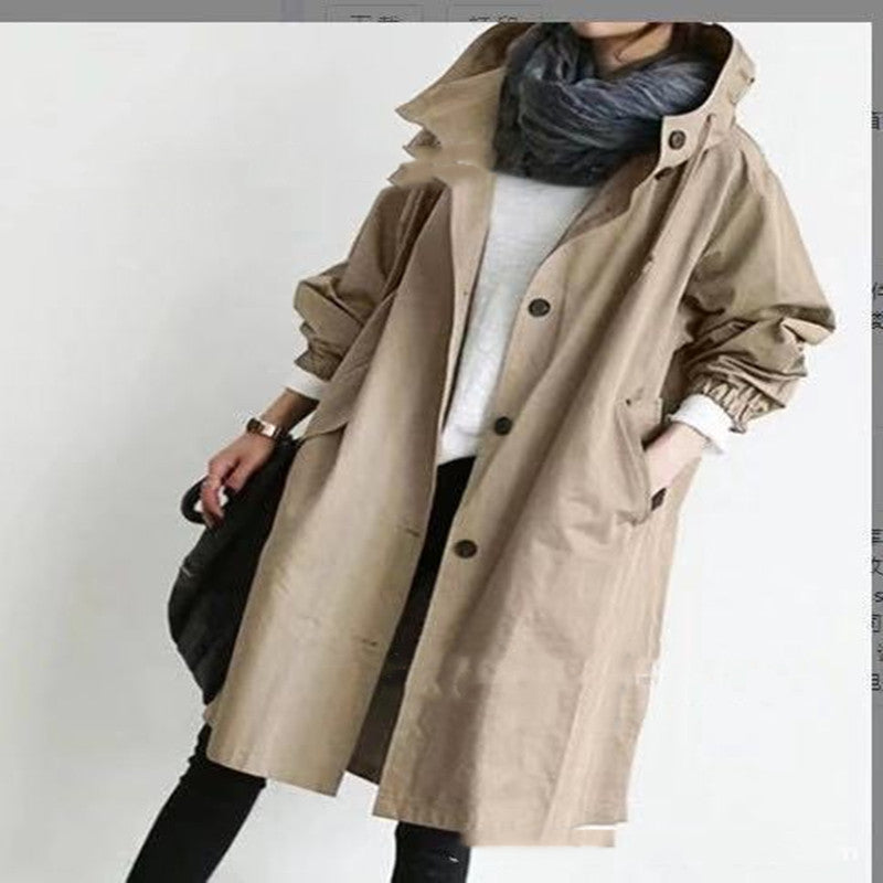 Women's Hooded Long Windbreaker with Buttons (photo 13)
