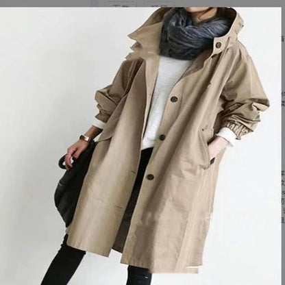 Women's Hooded Long Windbreaker with Buttons (photo 18)