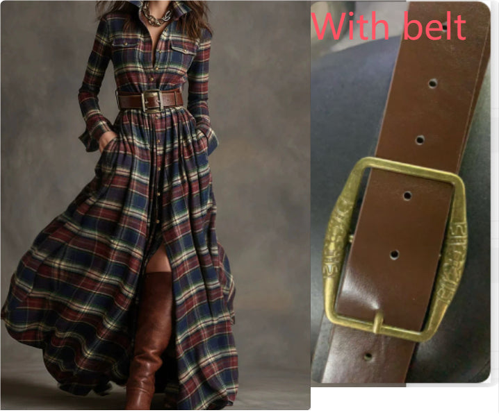 Women's Plaid Long-Sleeve Shirt Dress with Pockets (photo 20)