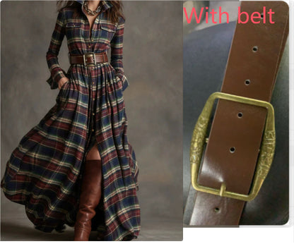 Women's Plaid Long-Sleeve Shirt Dress with Pockets (photo 20)
