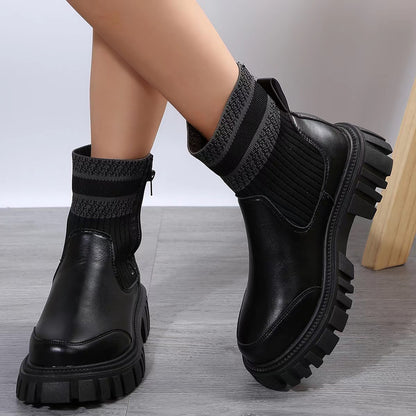 Women's Knit Patchwork Side-Zip Mid-Calf Boots (photo 3)