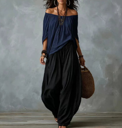 Women's Off-Shoulder Top and Flare Pants Set (photo 6)
