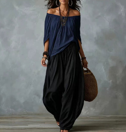 Women's Off-Shoulder Top and Flare Pants Set (photo 6)