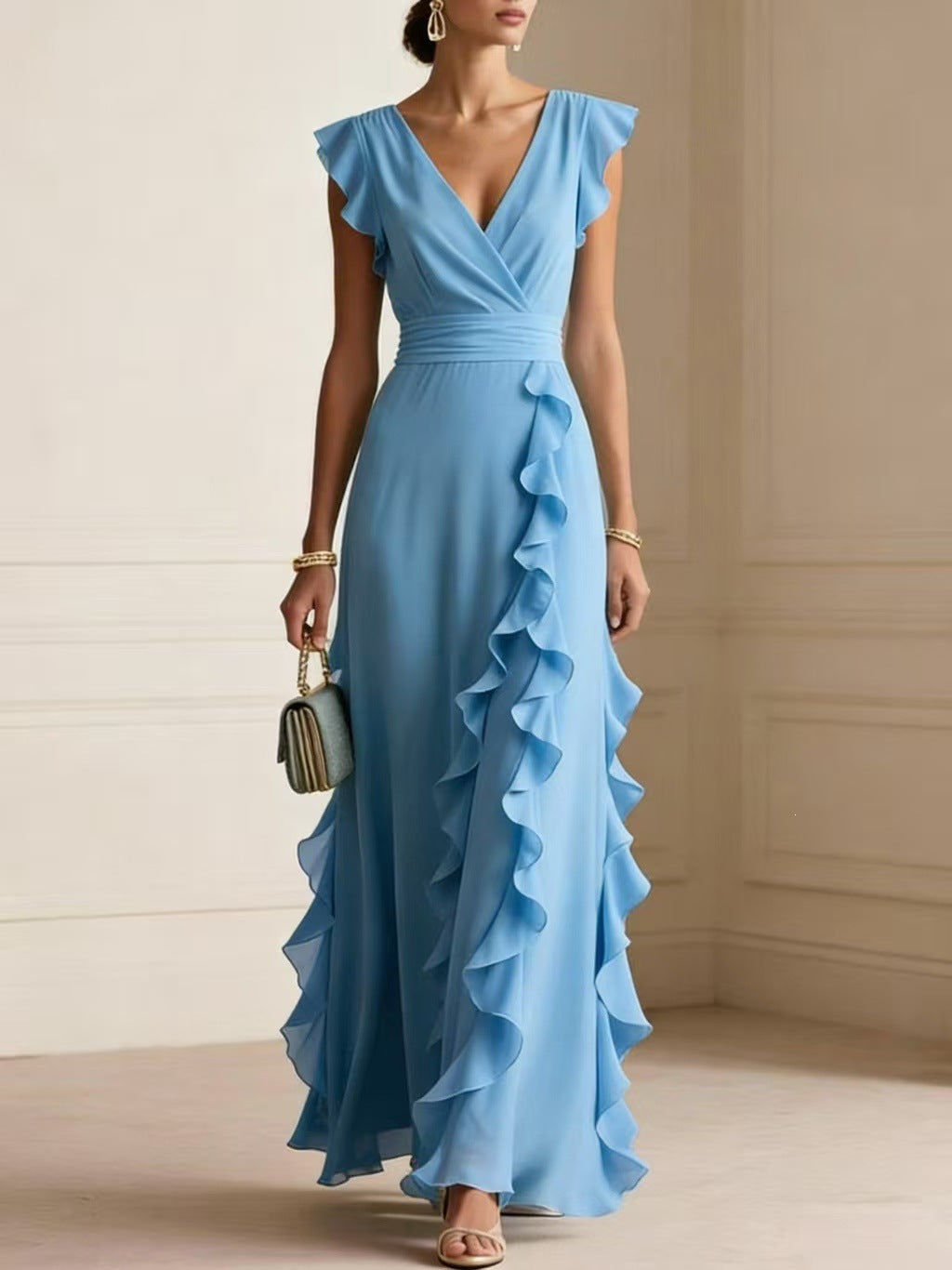 Women's Ruffle V-Neck Sleeveless Maxi Dress (photo 8)