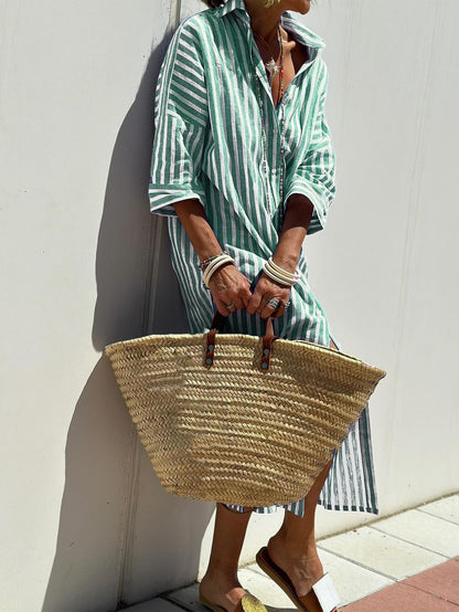 Women's Striped Half-Sleeve Shirt Dress with Belt (photo 15)