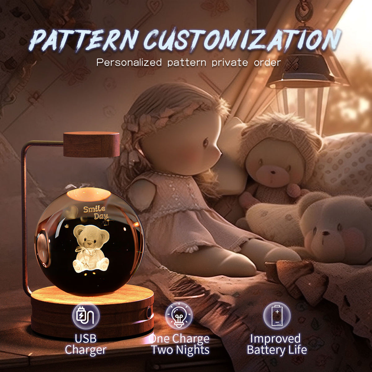 3D Engraved Crystal Ball Night Light with Wooden Base, USB (photo 2)