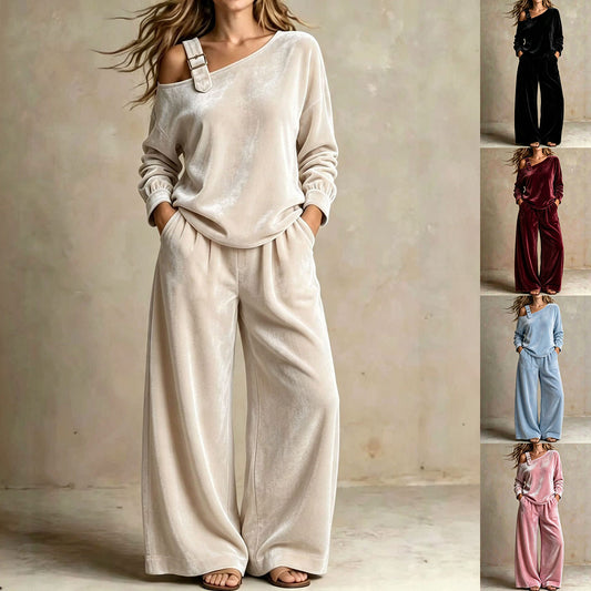 Women's Off-Shoulder Velvet Two-Piece Set with Pants