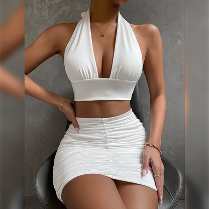 Women's Halter Lace-Up Top and Pleated Mini Skirt Set (photo 3)