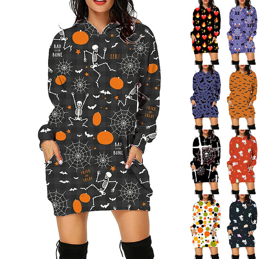 Women's Halloween Print Long Hoodie with Pockets